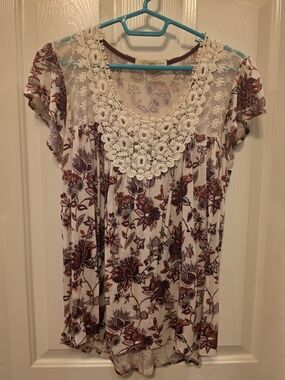 Rewind Cream Top with Burgundy and Brown Floral Print and Lace Yoke